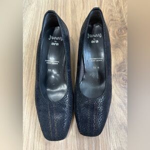 Jenny by Ara Black Leather Textured Square Toe Pumps Size 5.5 H (US 9 W)